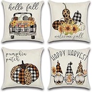 Cushion Covers, 65x65cm Set of 4, Black Plaid Soft Velvet Throw Pillow Cases 26x26in, Square Sofa Cushion Cover with Invisible Zipper for Couch Bed Car Bedroom Home Decor