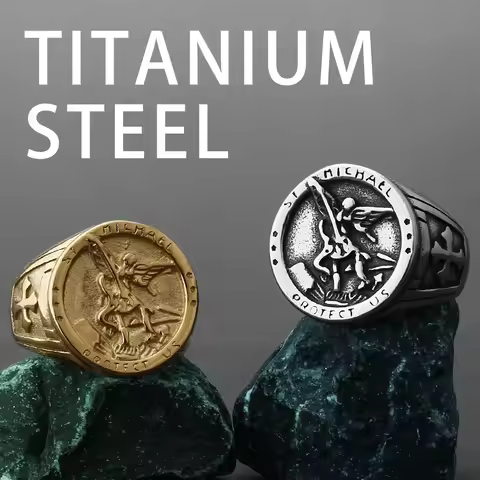 Religion Style St. Michael Pattern Ring Men's Catholic Faith Stainless Steel Gold Color Ring Party C