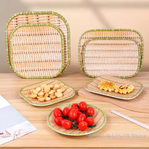 Bamboo Weaving Hot Pot Vegetable Plate Multiple Styles Melamine Barbecue Plate Green Serving Plate R