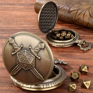 Creative 7 x Tiny Metal Polyhedral Dice Set with Double Fighter Swords Pocket Watch Case FOB Chain G