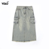 YOLO กระโปรงยีนส์ยาว ทรงคาร์โก้ ผ่าหลัง สีฟอกสนิม Nzk23817