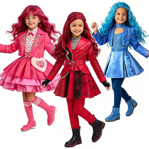 Popular Red Pink Chloe Princess Kids Clothes Halloween Cosplay Descendants Performance Masquerade Ca