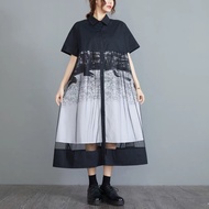 Spring New Style Fashion Lapel Unique Dress Designer Style Korean Version Casual Long Dress with Long Sleeve Black Gauze