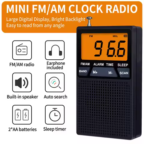FM/AM high sensitivity pocket radio, Elderly radio, Alarm clock function, Anooze function