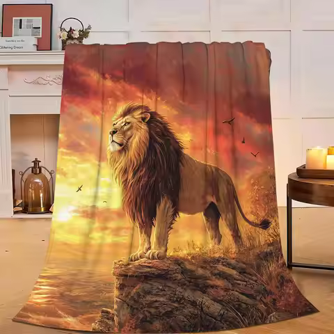 lion under the setting sun Printed Blanket for Sofa Bed Travel Camping Living Room Office Conditioni