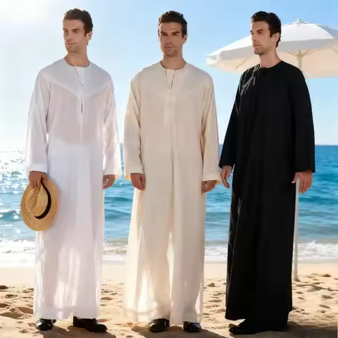 Men's Solid Color Muslim Clothing Robe Long Sleeved Button Up Dress Pakistan Islamic Clothing Saudi 