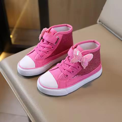 COMFY KIDS Girls Fuchsia Sequin Butterfly Princess Style Mid Top Canvas Shoes Adjustable Strap Breat