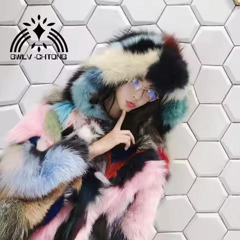 Real natural genuine fox fur coat with hood women fashion multi-color colorful fur jackets ladies ov