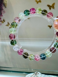 天然老礦明色碧璽水晶手珠7.5mm16.94g旺夫石電氣石藍綠灰西柚色