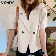 VONDA Women Korean Lapel Collar Short Sleeve Solid Color Shoulder Pads Short Blazer