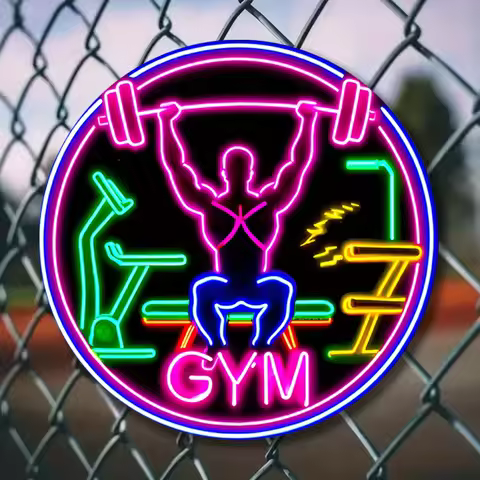 2D Neon Gym Sign 2D Metal Wall Art, 7.8 Inch Round Room Decor for Home Garage Man Cave