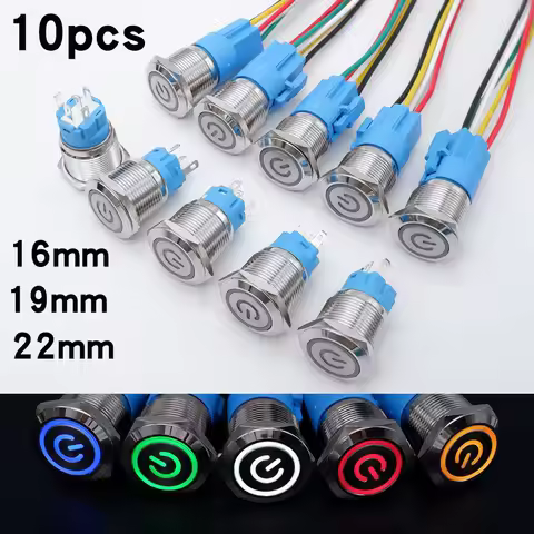 10pcs 16/19/22mm Metal Push Button Switch Power LED Light Waterproof IP65 Flat Head Self-lock Reset 