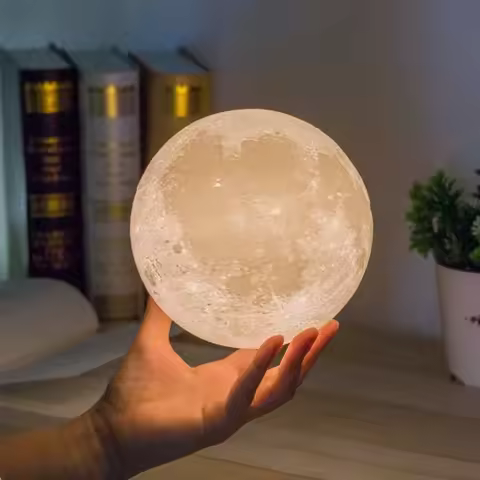 LED Night Light 3D Printing Moon Lamp 8cm Battery Powered with Bracket Starlight Bedroom Decorative 