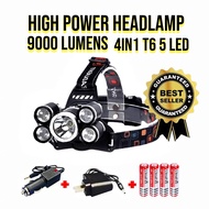 ไฟฉายคาดหัว ไฟเดินป่า ไฟฉายแรงสูง ไฟฉาย T6 5 LED 5 หัวheadlamp ให้แสงสว่างสูงถึง 9000 Lumen กันน้ำไ