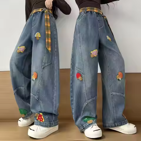 Spring Autumn Girls Jeans Floral Towel Embroidery Fashion Banana Pants for Big Kids for 4 6 8 10 12 