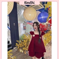 Red Velvet Thigh Thigh SET Flared Fairy Tail Robe with Camellia Applique + Thigh Shorts - Women Wome