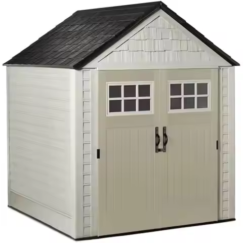 7x7 Outdoor Storage Shed for Garden Tools and Lawn Equipment with Lockable Double Doors in Sandstone