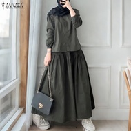 Esolo ZANZEA Muslimah Women Muslim O Neck Long Sleeve Top Shirt Dress Sets Ramadan Solid Work Skirt 