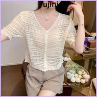 YUJINI Sun-Proof Tops, Thin Hollow Out Knitted Cardigan,  Casual V-Neck Short Sleeve Outwear Women