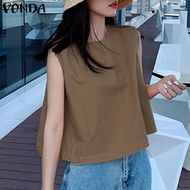 เสื้อกล้ามทรงเอไลน์หลวมลำลองผู้หญิง VONDA เสื้อหนาแขนกุดสำหรับวันหยุดเสื้อยืดคอกลม (ลำลองเกาหลี)