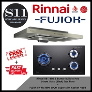 Rinnai RB-73TG 3 Burner Built-In Hob Schott Glass (Black) Top Plate + Fujioh FR-MS1990 90CM Super Slim Cooker Hood - Free Delivery