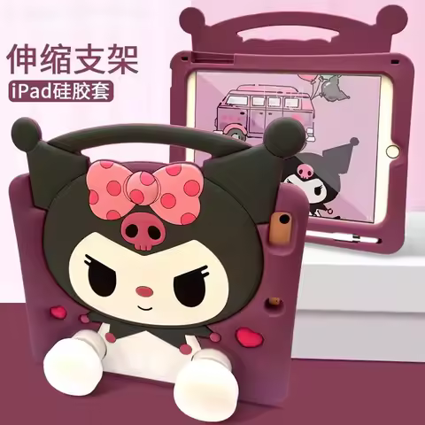 For IPad 9 8 7th Air Mini 2 3 4 5 6 10.9 Pro A16 11 Inch Child Case 3D Cartoon Kuromi Bracket Silico