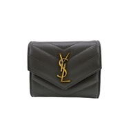 二手 SAINT LAURENT MRT692061 V 型縫線三折皮夾，品牌款，零錢包，鈔票夾，灰色