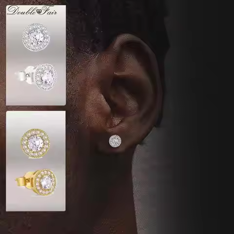 Round Iced Out Stud Earring for Men Simple Piercing Hip Hop Rapper's Accessories Zircon Men's Hippie