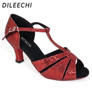 【In-Demand Item】 Dileechi Red Sequins Latin Dance Shoes Women's Professional Ballroom Dancing Shoes Salsa Dance Shoes Samba Shoes 6cm