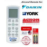 Daikin York Acson Universal Aircond Air cond Remote Control DAIKIN/YORK/ACSON (FREE Battery)