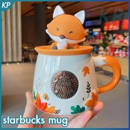 Starbuck ถ้วยแก้วเซรามิคพร้อมฝาปิด355Ml Fox Maple Leaf ถ้วยกาแฟน่ารักถ้วยนมดื่มสำนักงานถ้วยชาสร้างสร
