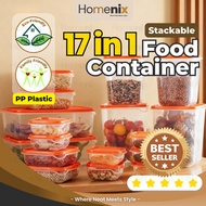 17in1 Food Container Set BPA Free Bekas Makanan Airtight Leakproof Stackable PP Plastic Storage Box