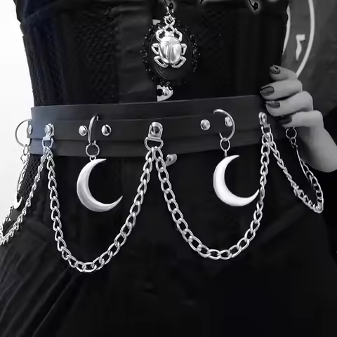 Gothic Waist Chain Wide Belt, Multi Layer Chains And Crescent Moons Harness Belt, Rave Outfit Y2K Pu