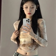 y2k y2k Women's Translucent Tops Hot Girls Clothes American Retro Tie-Dye Ink Painting Long-Sleeved 