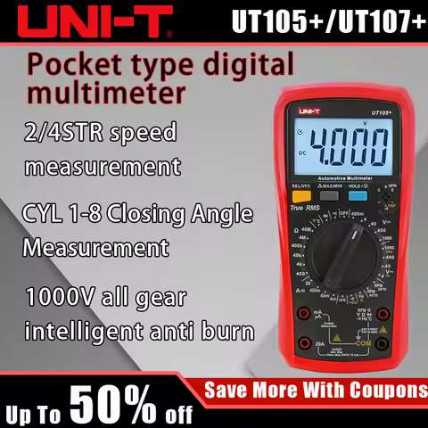 Intelligent Automotive Multimeter UT105+/UT107+, Measures Voltage Current Resistance RPM Dwell Angle