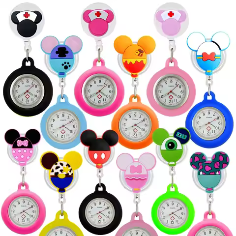Retractable Lovely Cartoon Pattern Nurse Doctor Pocket Hang Clips Watches Colourful Hospital Medical