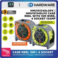 MASTERPLUG HMU15134SLPX (GREEN) | HMU15134SLO-PX (ORANGE) CASE REEL WITH 15M BLACK WIRE , 4 SOCKET, 