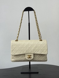 90%New二手Chanel classic flap medium vintage中古香奈兒經典cf翻蓋單肩包 米白色羊皮