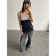 Studio Rue Silky Top In Black / Tank Top Camisole Silk Satin Lace Top