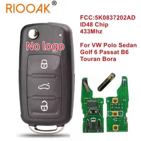 1/2/3/5pcs No logo 433MHz ID48 Chip Flip Remote Key 5K0837202AD for VW Polo Sedan Golf 6 Passat B6 V