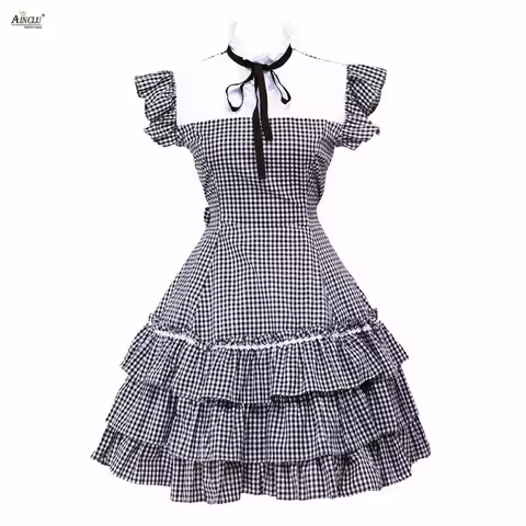 Womens Classic Lolita Dress Cotton Black&White Checked Short Sleeves Lolita Party Dress Ainclu XS-XX