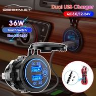 Geepact  Dual USB Charger Socket 12-24V Power Outlet 36W Quick Charge Waterproof USB Outlet Car Charger Adapter with Touch Switch &amp; Blue LED DIY Kit for 12V/24V