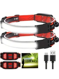 LED頭燈手電筒，高亮度前照燈，帶紅色尾燈的USB可充電頭燈，適用於戶外露營跑步遠足，硬帽頭燈