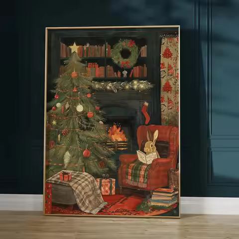 1pc frameless Christmas Bunny Art Print Cozy Holiday Fireplace Wall Decor Reading Nook Illustration 