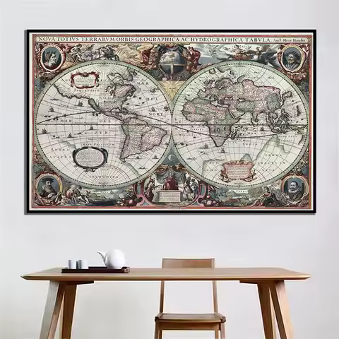 Retro World Map Nautical Ocean Map Canvas Painting Wall Art Chart Sticker Antique Home Decor Large S