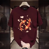 2024 New Chinese Style Simple Koi Pattern Printed Casual Cotton Wine Red Tshirts Men's Stylish Print