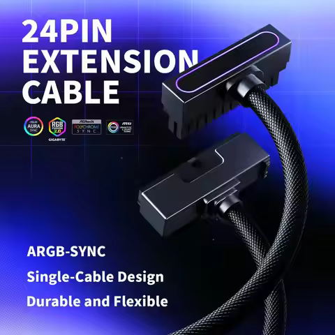 AIJS ATX 24PIN Extension Cable, ARGB PC Cable with 5V 3Pin,18AWG 90 Degree Right-Angle Design Male-t