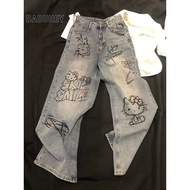 Hot Girl Retro Kate Cat Graffiti Hot Drill Jeans High Waist Slimmer Look Wide Leg Straight Pants