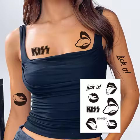Edgy & Flirty Temporary Tattoo Set, Lasting Fake Tattoos, KISS Lips & Tongue Designs, Lick it!, WX-0