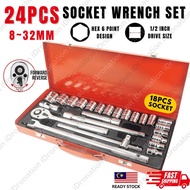 Socket Wrench Set 24PCS 1/2" Inch Ratchet Handle F-Type CR-V Hex 6 Point Sleeve Bolt Spanner Tool Bo